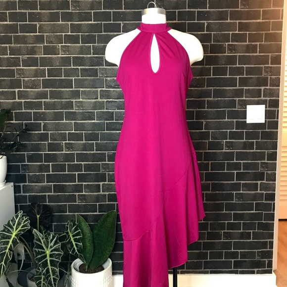 HALTER NECK LINE, HIGH LOW MIDI DRESS - Picture 1 of 10